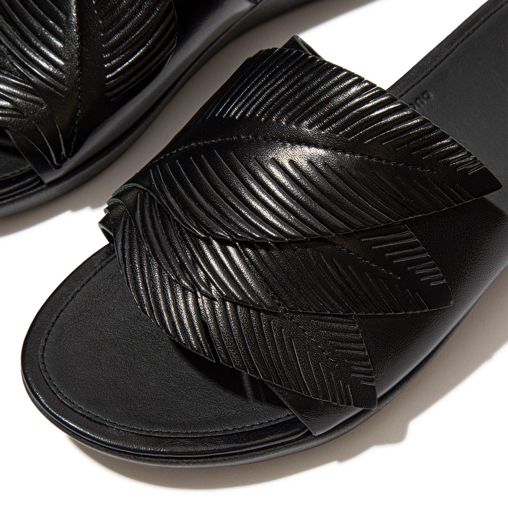 Fitflop Womens Slides - Sola Feather Metallic Leather - Black - 462-RBIHFV